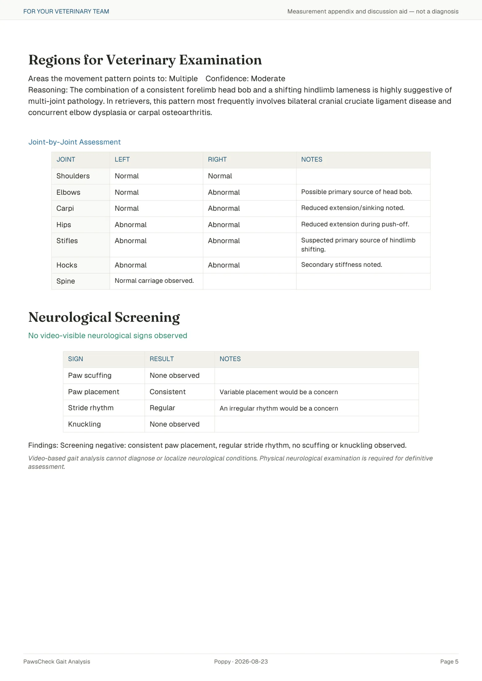 Report page: regions for veterinary examination and neurological screening